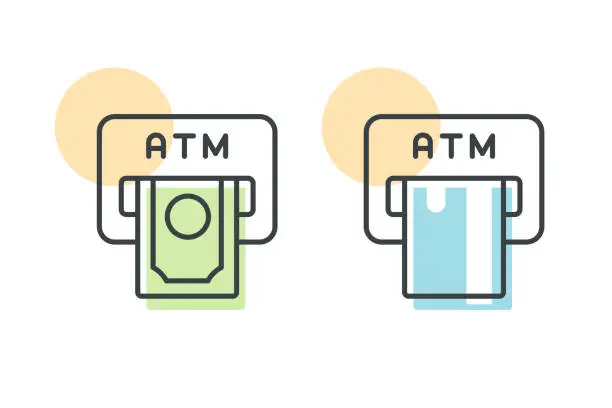 Vector illustration of ATM Machine line icon. Vector illustration of atm machine with credit card and money. Editable stroke.