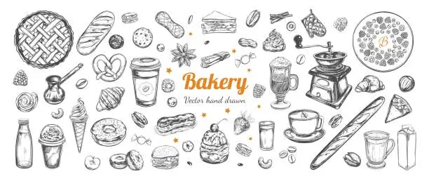 Vector illustration of Coffee and Bakery set. Vector hand drawn isolated objects. Sketch icons