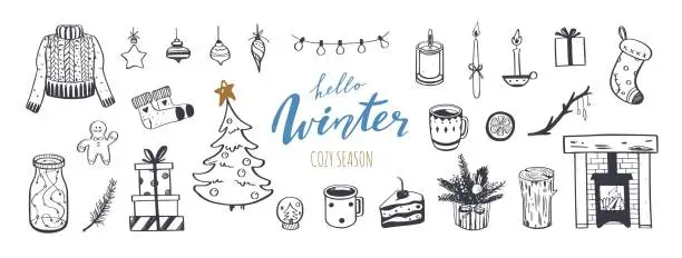 Vector illustration of Hello Winter and  Merry Christmas vector hand drawn  set. New year holiday congratulation. Cozy vintage styled collection. Fireplace, christmas tree, decorations and other festive attributes