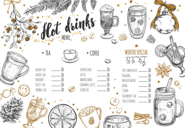 Hot drinks Winter Menu. Design template includes different hand drawn illustrations and Brushpen Lettering. Beverages, drinks and christmas elements. Mulled wine, Hot chocolate, Latte, Tea, Grog etc. Hot drinks Winter Menu. Design template includes different hand drawn illustrations and Brushpen Lettering. Beverages, drinks and christmas elements. Mulled wine, Hot chocolate, Latte, Tea, Grog etc. christmas eggnog stock illustrations