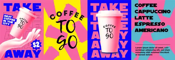 Vector illustration of Coffee to go or take away poster or flyer set or coffee shop menu cover bright colored design template with to go cup and typographic composition. Vector illustration