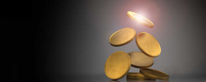 A stack of coins on a dark background. Gold coins are falling. 3d render.