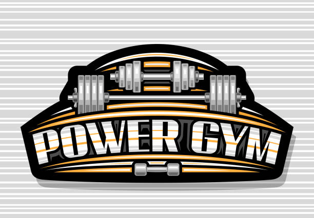 ilustraciones, imágenes clip art, dibujos animados e iconos de stock de logotipo vectorial para power gym - gym yellow muscular build dumbbell