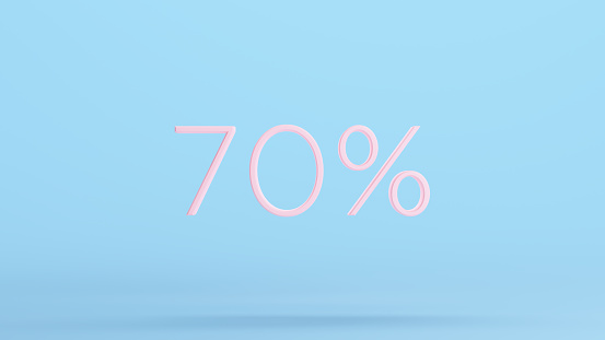 Pink 70% Percent Sign Text Business Sale Price Off 70 % Ten Discount Symbol Kitsch Blue Background 3d illustration render digital rendering