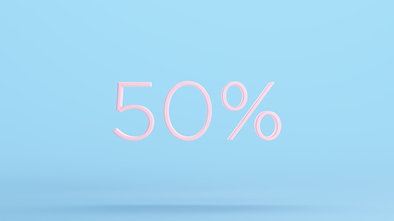 Pink 50% Percent Sign Text Business Sale Price Off 50 % Fifty Discount Symbol Kitsch Blue Background 3d illustration render digital rendering