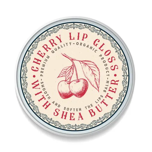 Vector illustration of Cherry Lips Balm Vintage label packaging design, round shape. Great for package, tags, stickers, etc. Perfect for your business. Simple style. Flat design.
