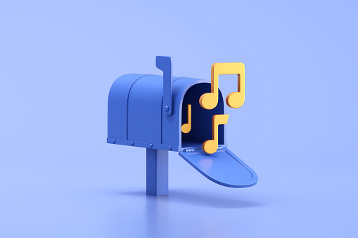 Mailbox and musical notes on blue background. 3d illustration