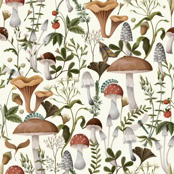 Vector illustration of Autumn seamless pattern with mushrooms, berries and bugs. Natural trendy print