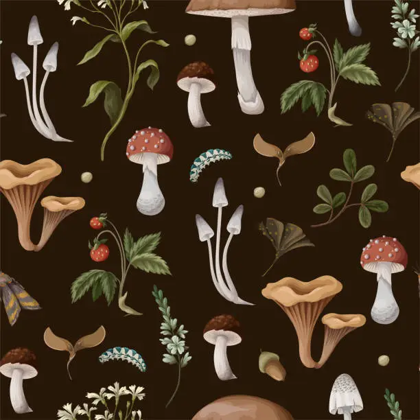 Vector illustration of Autumn seamless pattern with mushrooms, berries and bugs. Natural trendy print.