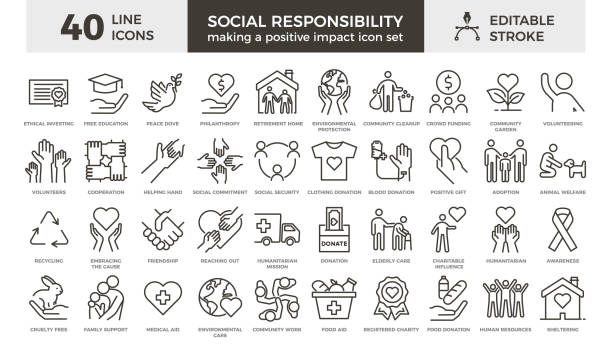 illustrazioni stock, clip art, cartoni animati e icone di tendenza di 40 icone vettoriali a linee sottili con tratto modificabile relative alla responsabilità sociale, al volontariato e alle cause umanitarie - charity and relief work immagine