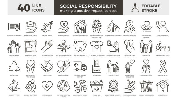 40 cienkich ikon wektorowych z edytowalnym obrysem związanym z odpowiedzialnością społeczną, wolontariatem i sprawami humanitarnymi - pomoc stock illustrations