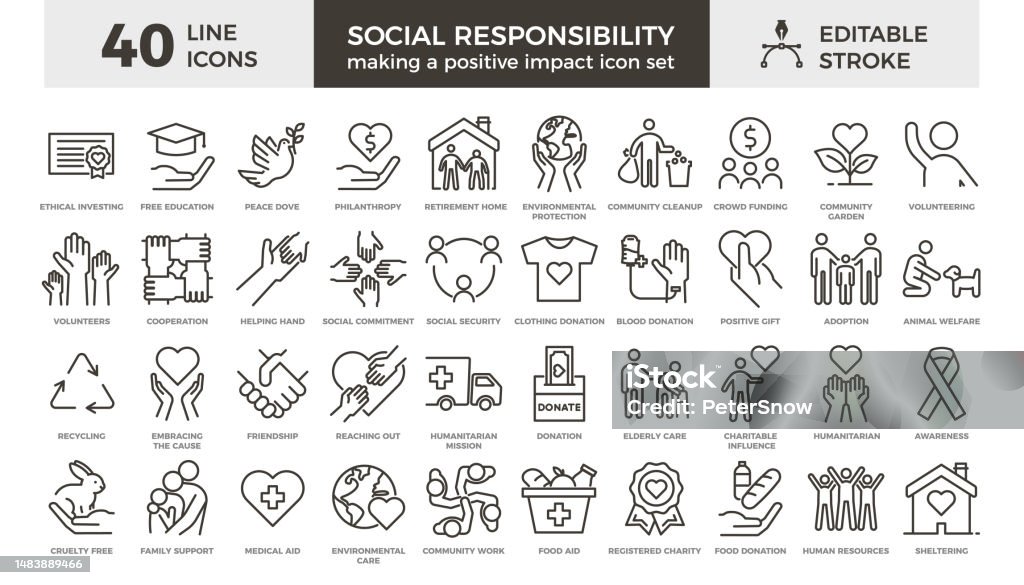40 thin line vector icons with editable stroke related with social responsibility, volunteering and humanitarian causes - Royaltyfri Ikon vektorgrafik 40 thin line vector icons with editable stroke related with social responsibility, volunteering and humanitarian causes - Royaltyfri Ikon vektorgrafik
