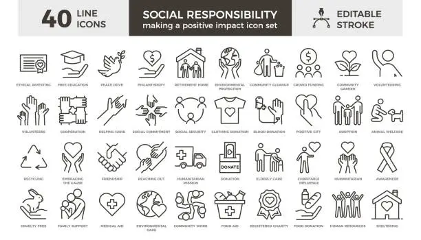 Vector illustration of 40 thin line vector icons with editable stroke related with social responsibility, volunteering and humanitarian causes