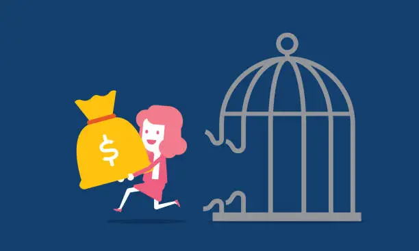 Vector illustration of Businesswoman unlocking a money bag from a cage