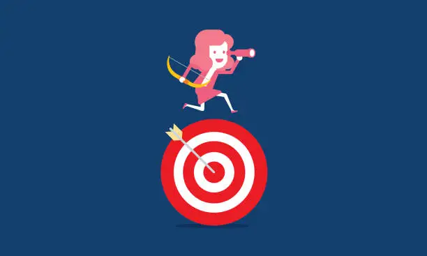 Vector illustration of Businesswoman with telescope looking for the next target