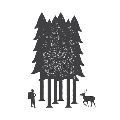 Forest wanderer and deer. Vector illustration with traveler and deer in forest in polychrome color on isolated white background