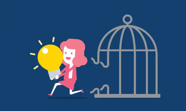 Vector illustration of Businesswoman unlocking a light bulb from a cage