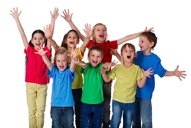 istock Group of children with hands up sign 148389617