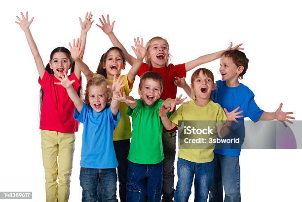 Group Of Children With Hands Up Sign Stock Photo - Download Image Now - Child, Childhood, Boys