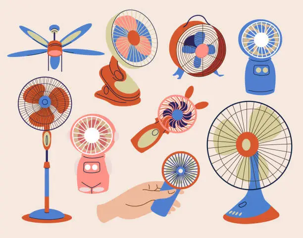 Vector illustration of Collection of electric fans of various types isolated on a white background.