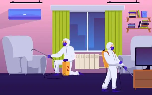 Vector illustration of Disinfection workers treat the premises with chemicals flat vector illustration.