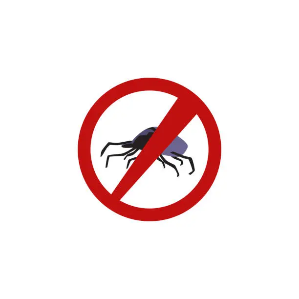 Vector illustration of Red circle prohibition sign over tick or mite, flat vector illustration isolated on white background.
