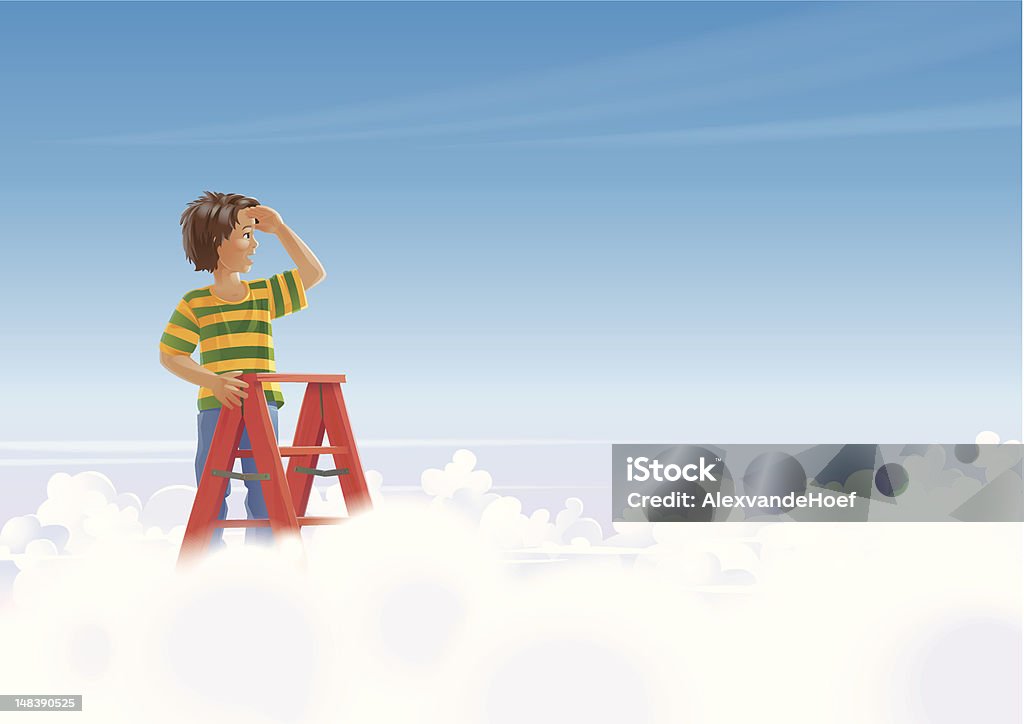 Niño en las escaleras disfrutando de las nubes - arte vectorial de Niño libre de derechos