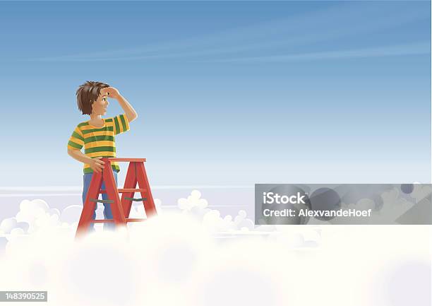 Ilustración de Niño En Las Escaleras Disfrutando De Las Nubes y más Vectores Libres de Derechos de Niño - Niño, Escalones, Escaleras