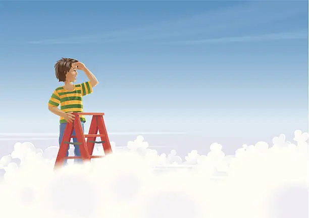 Vector illustration of Kid on Stairs Looking over the Clouds