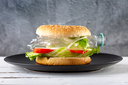 Burger with plastic bottle - concept of plastic pollution