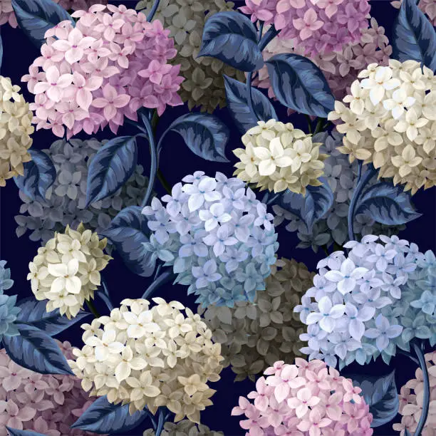 Vector illustration of Seamless botanical pattern with  hydrangeas. Vector