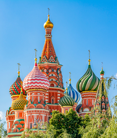 Cathedral of Vasily the Blessed (Saint Basil's Cathedral) domes on Red Square, Moscow, Russia