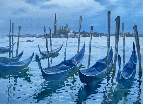 Venetian gondolas in twilight blue watercolor background. Italian landscape