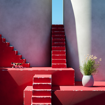 3D render of red stairs moving up between rounded red walls, a cat passing by