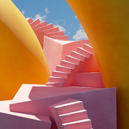 Twisted pink stairs moving up between curved yellow walls