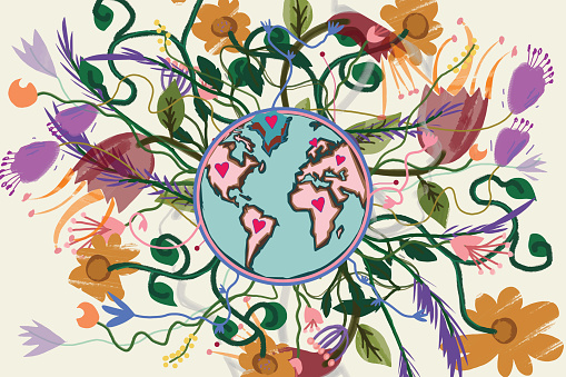 Illustration of planet Earth with a flower
