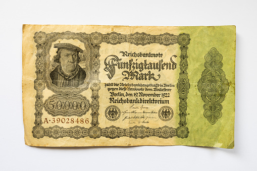 Fünfzigtausend Mark (fifty thousand Mark) banknote from the hyperinflation in November 1922. Antique money from the biggest devaluation of cash in the German history. Reichsbank currency.