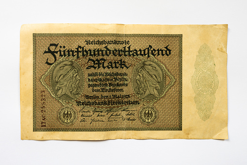 Fünfhunderttausend Mark (five hundred thousand Mark) banknote from the hyperinflation in May 1923. Antique money from the biggest devaluation of cash in the German history. Reichsbank currency.