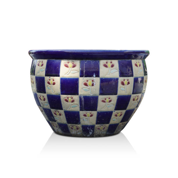 istock antique and dirty white and blue ceramic large pot on white background, object, decor, modern, gift, copy space 1483915698