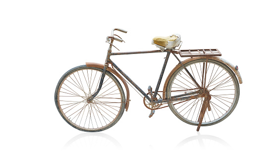 side view old and dirty brown frame bicycle on white background, object, decor, transport, gift, decoration, copy space