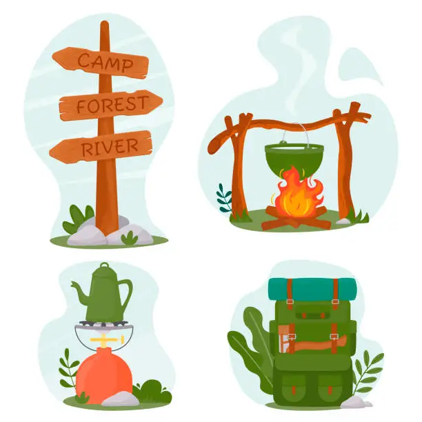 Vector illustration of A pot on a fire in the forest. Wooden signpost to the summer camp, river, forest. A traveler's hiking backpack. Camping gas stove with coffee kettle.