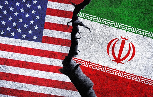 Iran vs USA concept flag together. United States of America and Iran political conflict, economy, war crisis, relations, trade, sanctions concept