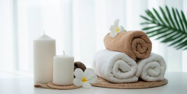 istock Spa accessory composition set in day spa hotel , beauty wellness center 1483917245