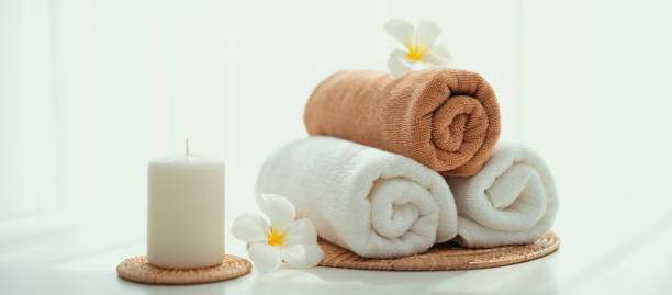 istock Spa accessory composition set in day spa hotel , beauty wellness center 1483917261