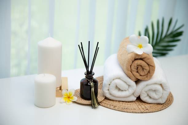istock Spa accessory composition set in day spa hotel , beauty wellness center 1483917292