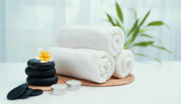 istock Spa accessory composition set in day spa hotel , beauty wellness center 1483917877