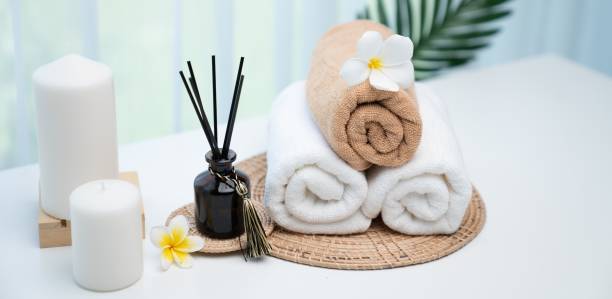 istock Spa accessory composition set in day spa hotel , beauty wellness center 1483917999