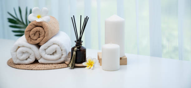 istock Spa accessory composition set in day spa hotel , beauty wellness center 1483918126