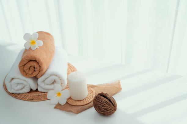 istock Spa accessory composition set in day spa hotel , beauty wellness center 1483918230