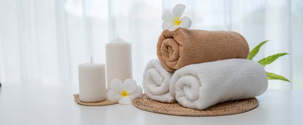 istock Spa accessory composition set in day spa hotel , beauty wellness center 1483918329